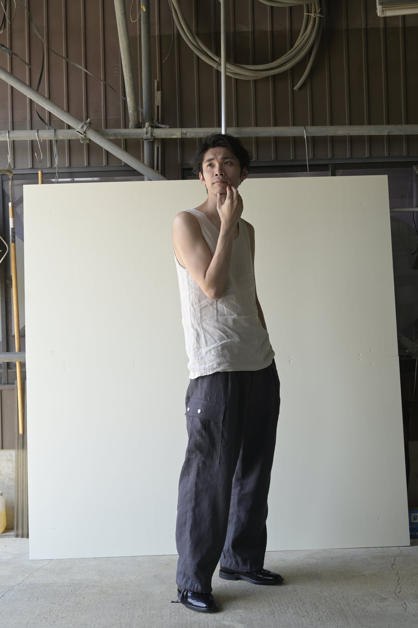 "work" linen cargo pants  -men's- <color: Charcoal>