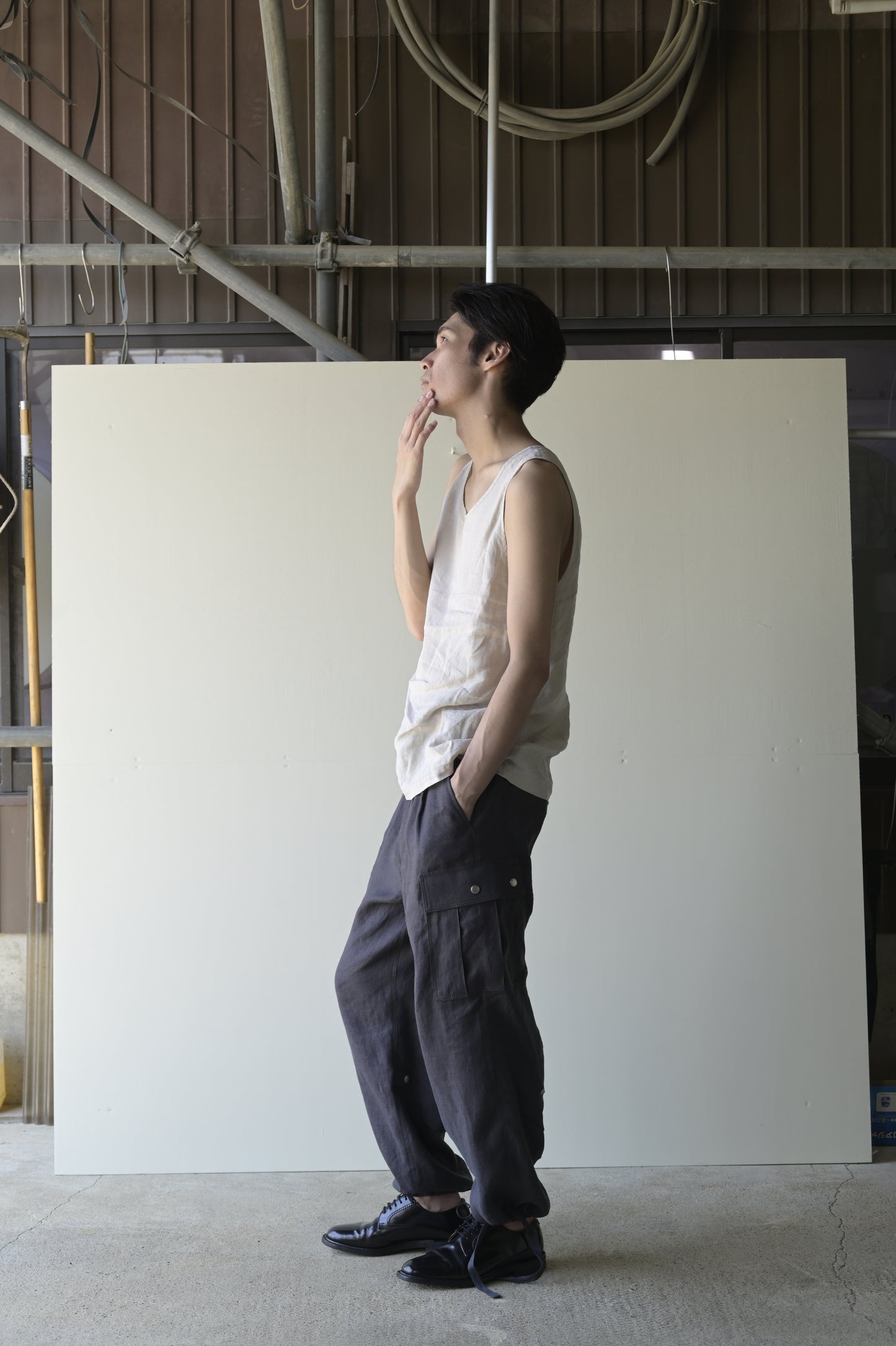 "work" linen cargo pants  -men's- <color: Charcoal>